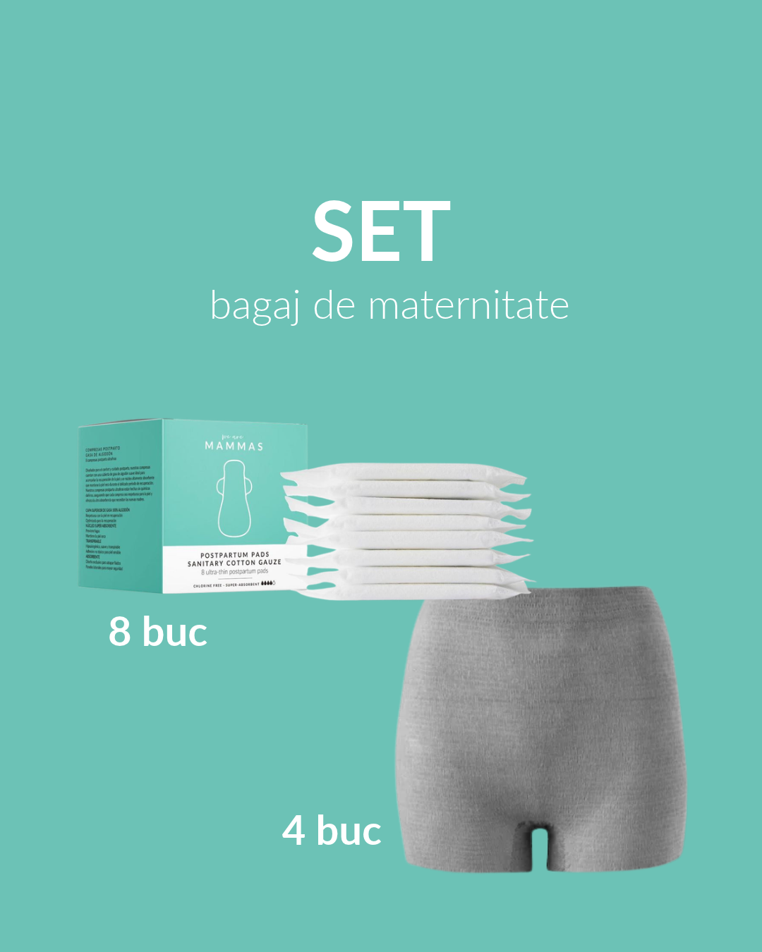 Set pentru bagajul de maternitate We are Mammas cu chiloti de unica folosinta si absorbante postpartum
